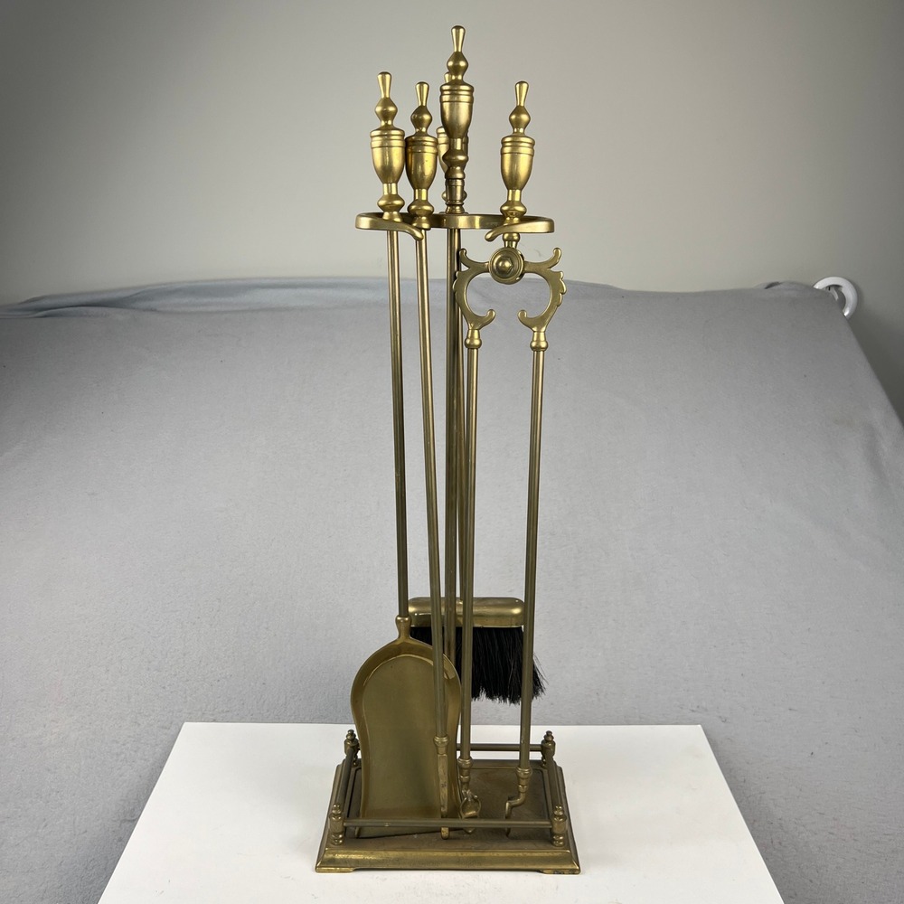 Vintage Fireplace Tool Set Gold Brass 5pc Urn Finial Decor Winter